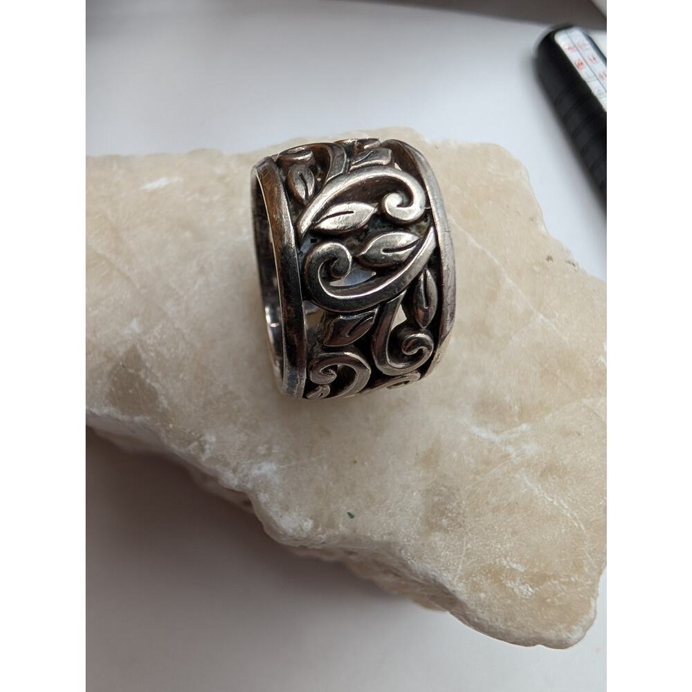 Brighton Silver Tone Ornate Leaf Scroll Wide Band Ring Size 8
